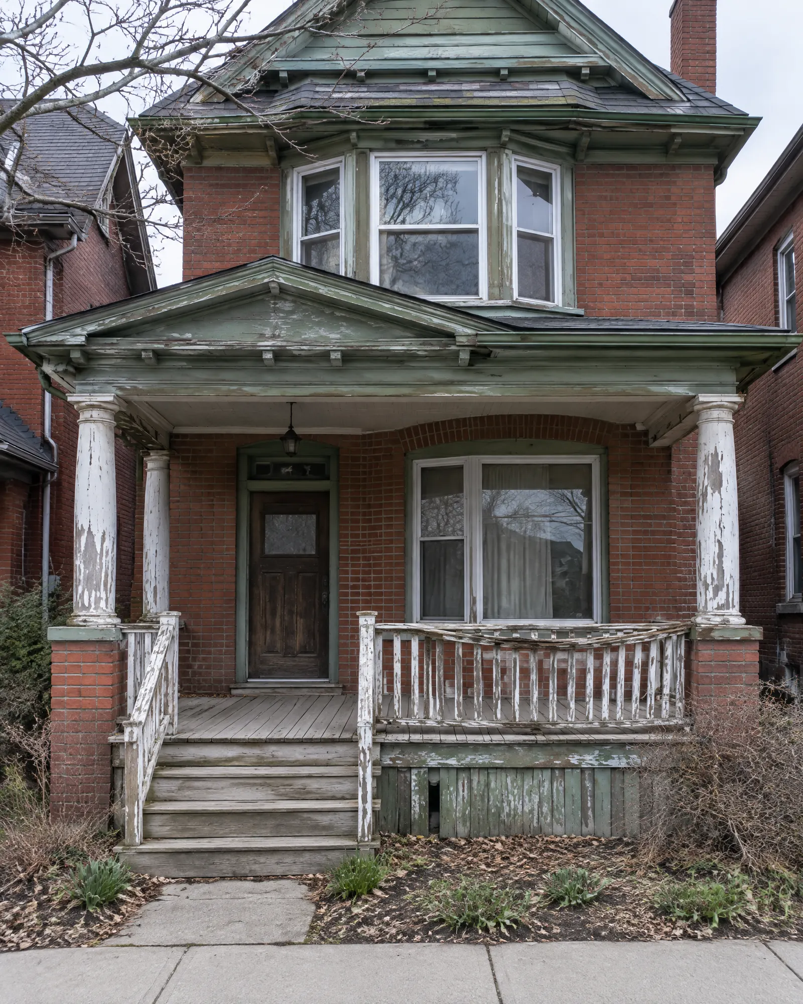 Edwardian brick house porch from the sidewalk, before and after restoration (before)