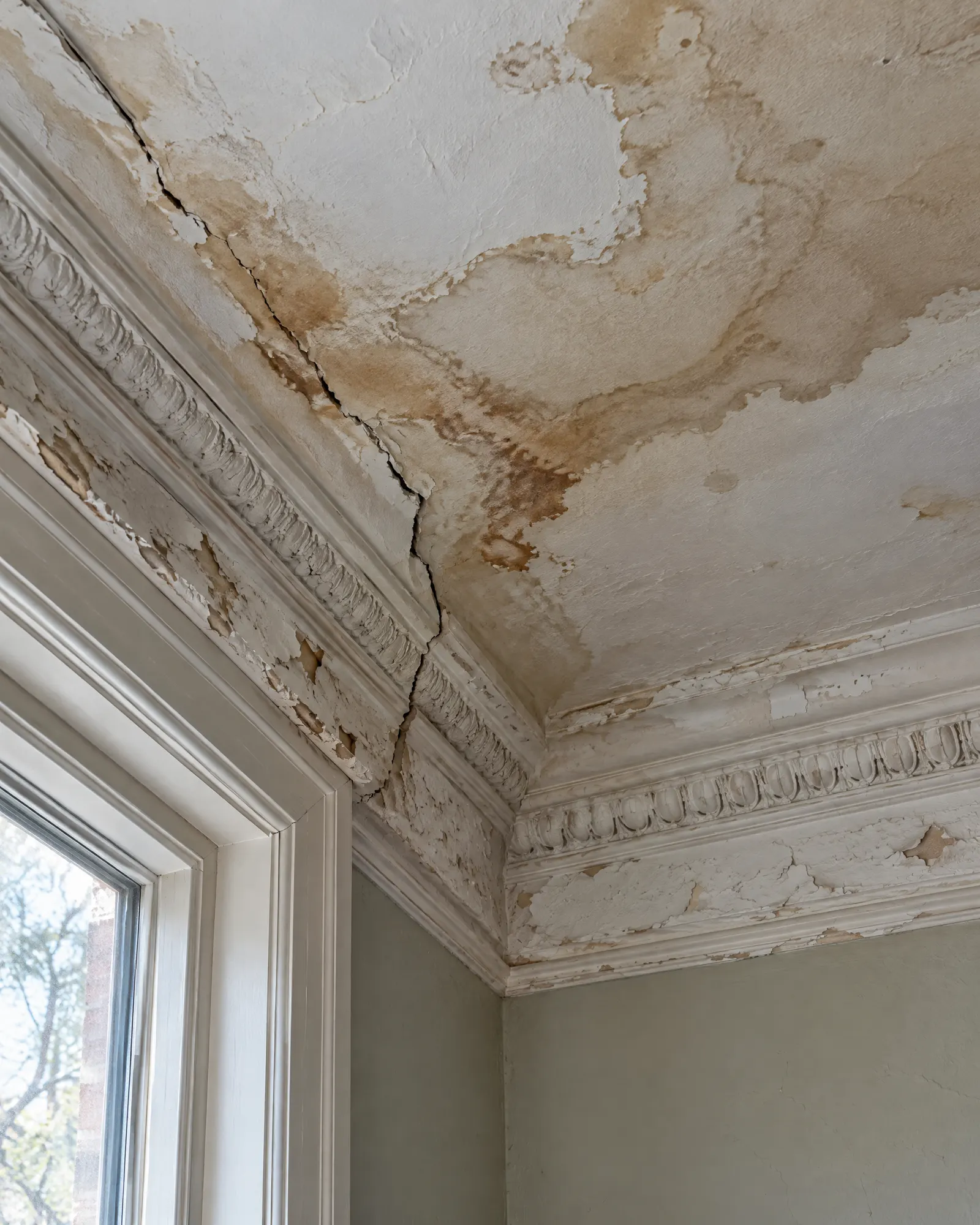 Cracked plaster cornice and water-stained ceiling corner before restoration